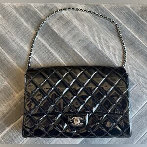Chanel Black Patent Leather Single Flap Bag w/Silver Toned Hardware